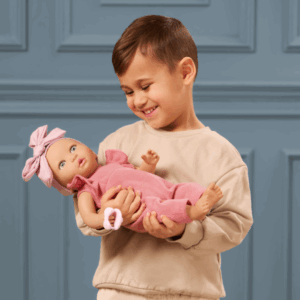 LullaBaby Bábika 35 cm v overale s čelenkou Pink